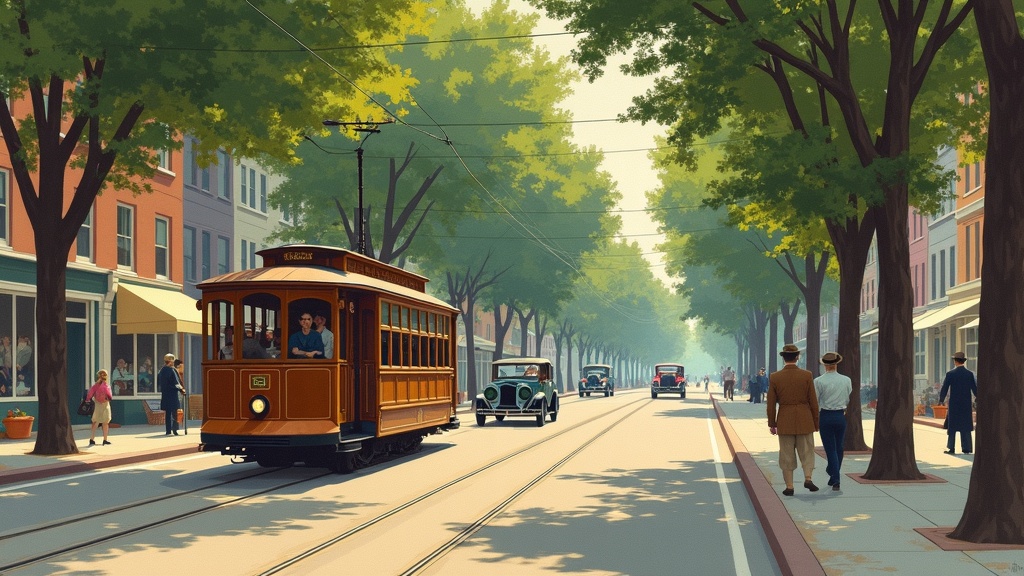Artistic interpretation of a streetcar on a tree-lined avenue in 1920s Washington